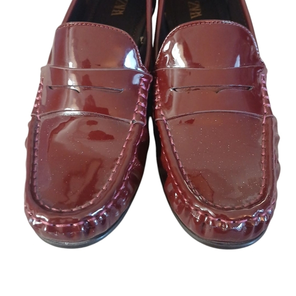 Zara Burgundy Patent Leather Loafers Women's Red Slip On Flats Size 6 - Picture 4 of 11